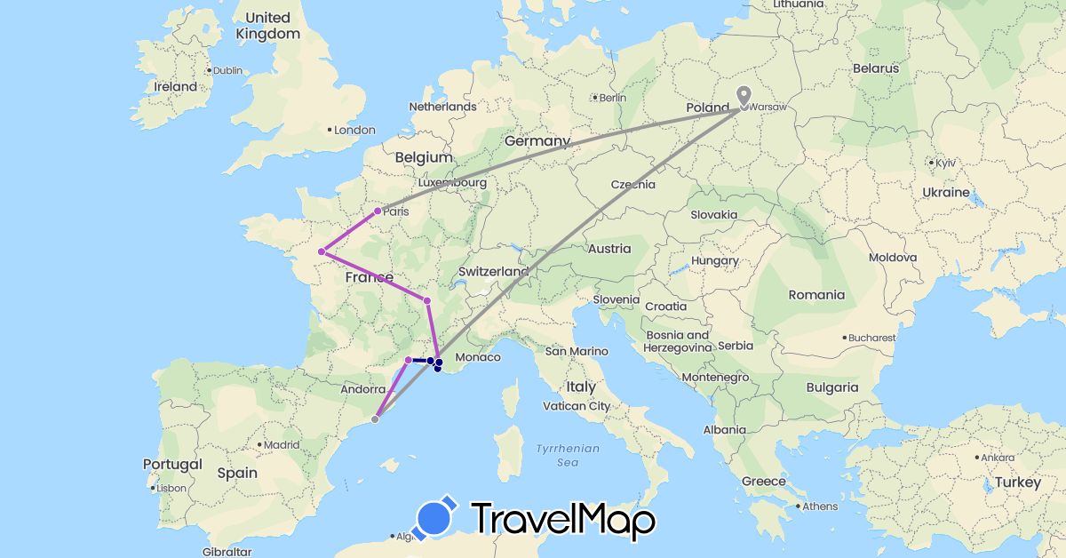 TravelMap itinerary: driving, plane, train in Spain, France, Poland (Europe)